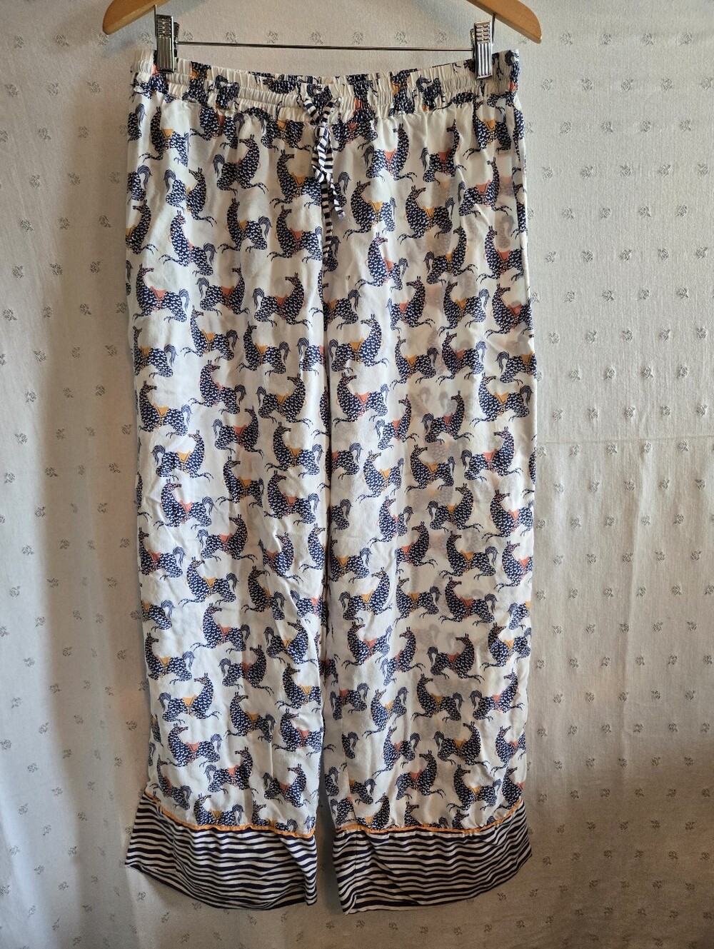 Anthropologie Meredith Jensen White and Navy Horse Print Pants Lightweight SizeL